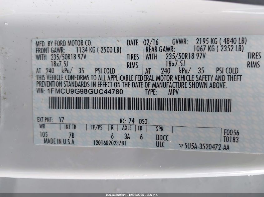 2016 Ford Escape Se VIN: 1FMCU9G98GUC44780 Lot: 43869801