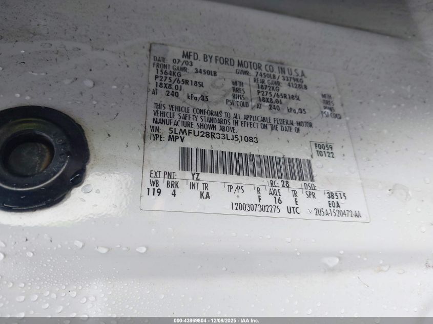 2003 Lincoln Navigator VIN: 5LMFU28R33LJ51083 Lot: 43869804