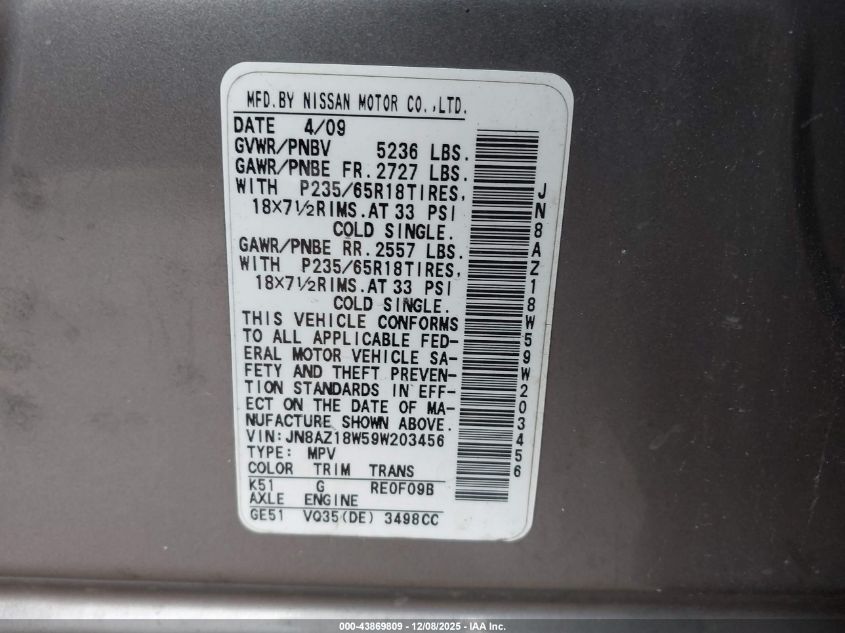 2009 Nissan Murano Sl VIN: JN8AZ18W59W203456 Lot: 43869809