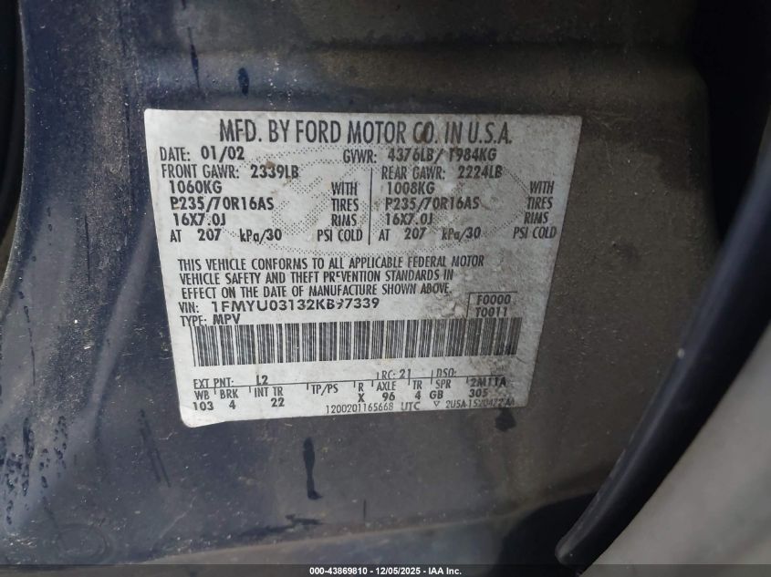 2002 Ford Escape Xlt VIN: 1FMYU03132KB97339 Lot: 43869810