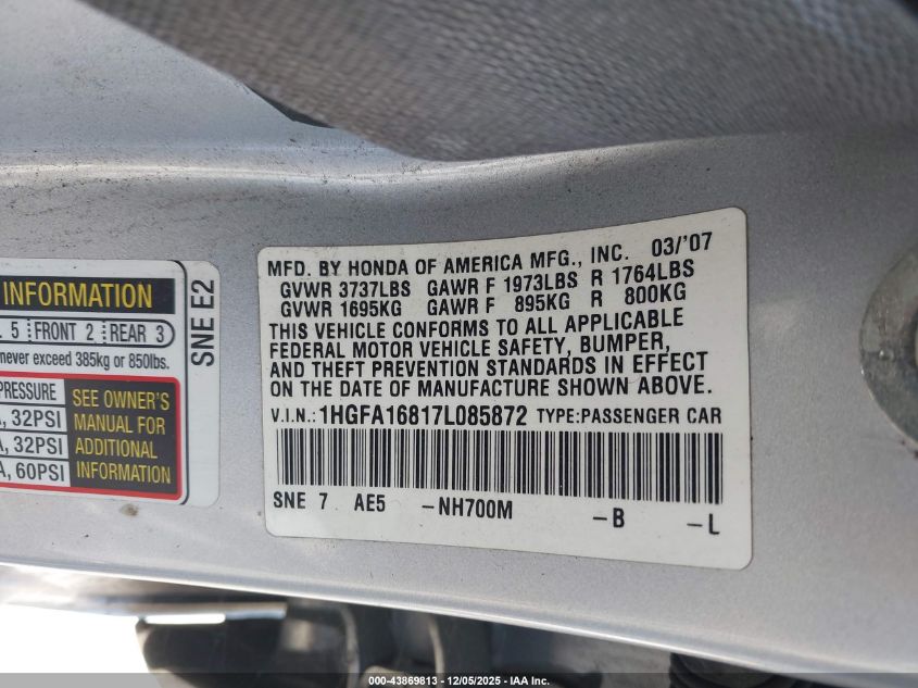2007 Honda Civic Ex VIN: 1HGFA16817L085872 Lot: 43869813