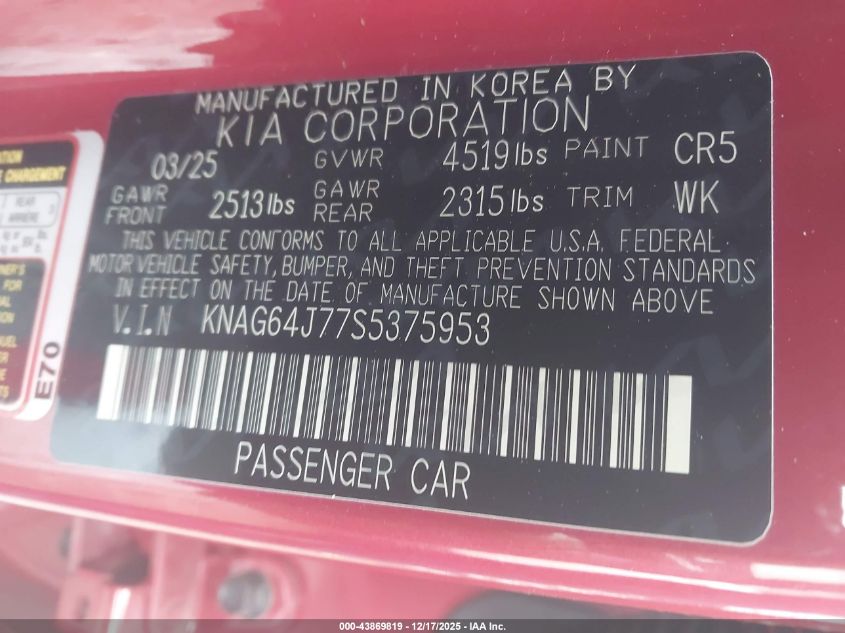 2025 Kia K5 Gt-Line VIN: KNAG64J77S5375953 Lot: 43869819