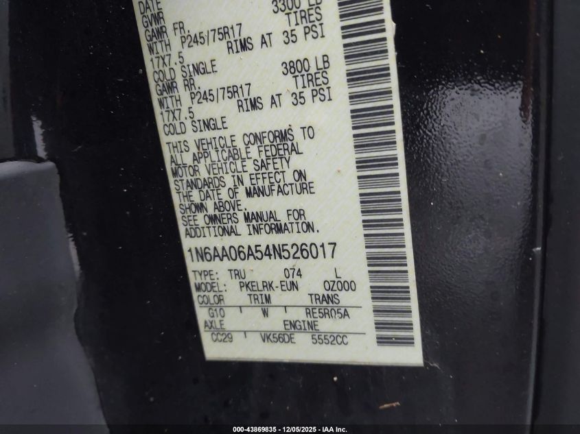 2004 Nissan Titan Xe VIN: 1N6AA06A54N526017 Lot: 43869835