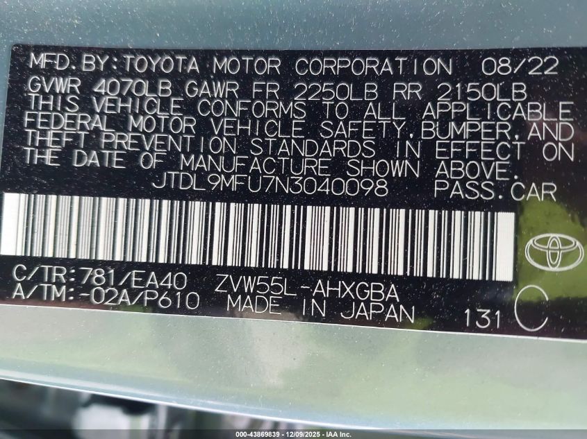 2022 Toyota Prius Xle Awd-E VIN: JTDL9MFU7N3040098 Lot: 43869839