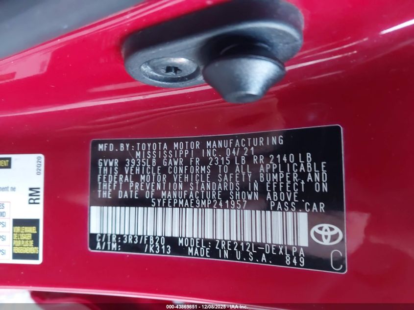 2021 Toyota Corolla Le VIN: 5YFEPMAE9MP241957 Lot: 43869851