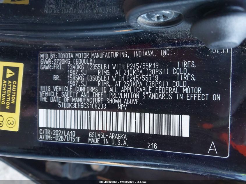 2012 Toyota Highlander Limited V6 VIN: 5TDDK3EH6CS108233 Lot: 43869860