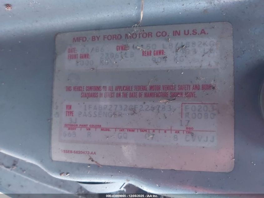 1986 Ford Mustang Lx/Gt VIN: 1FABP2732GF226733 Lot: 43869865