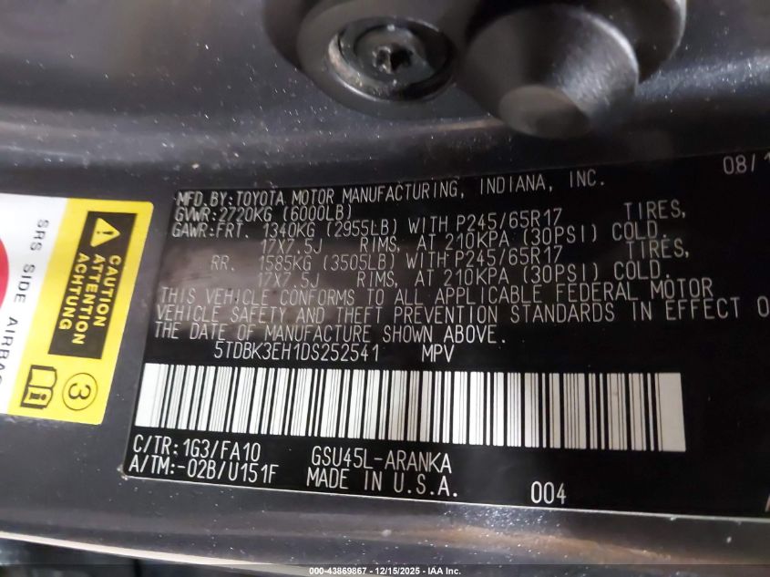 2013 Toyota Highlander Base Plus V6 VIN: 5TDBK3EH1DS252541 Lot: 43869867