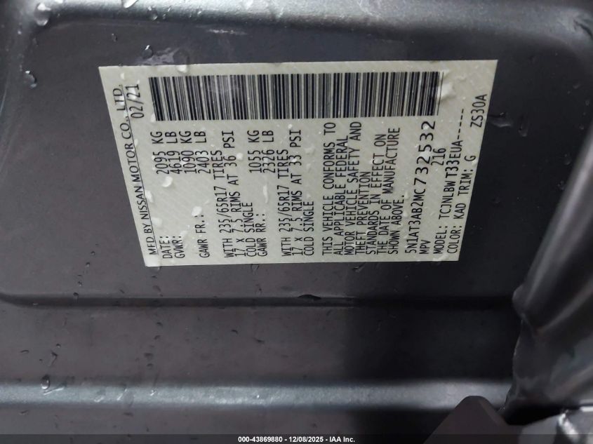 2021 Nissan Rogue S Intelligent Awd VIN: 5N1AT3AB2MC732532 Lot: 43869880