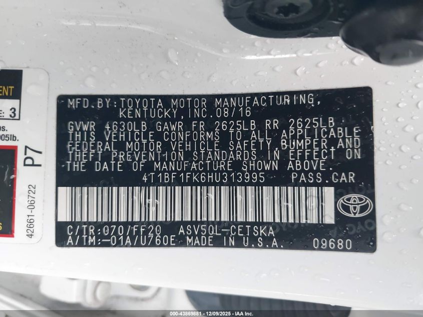 2017 Toyota Camry Se VIN: 4T1BF1FK6HU313995 Lot: 43869881