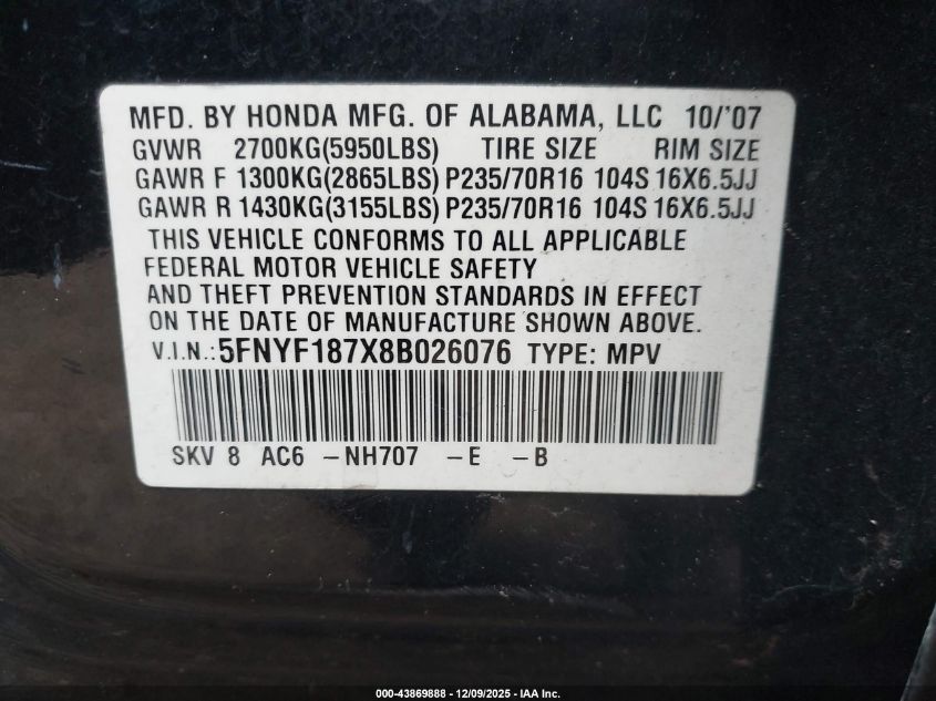 2008 Honda Pilot Ex-L VIN: 5FNYF187X8B026076 Lot: 43869888