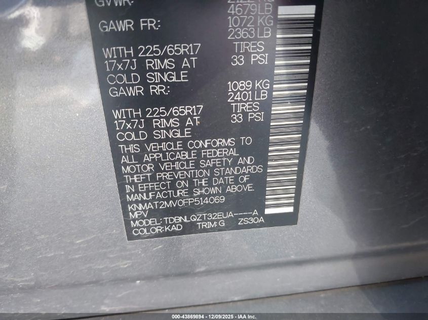 2015 Nissan Rogue Sv VIN: KNMAT2MV0FP514069 Lot: 43869894