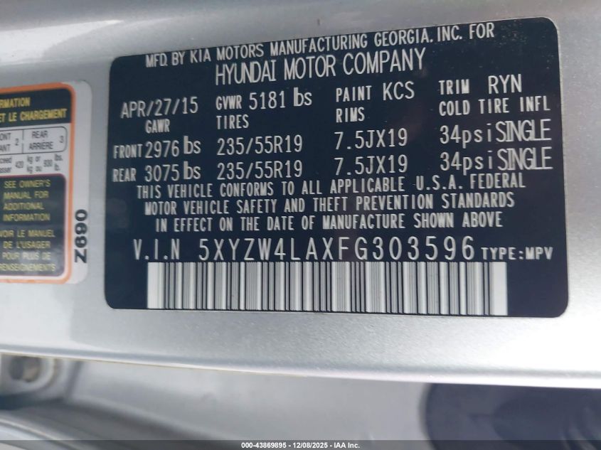 2015 Hyundai Santa Fe Sport 2.0L Turbo VIN: 5XYZW4LAXFG303596 Lot: 43869895