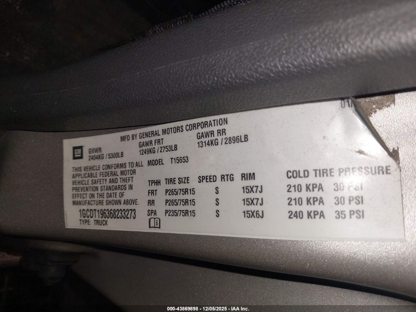 2006 Chevrolet Colorado Lt VIN: 1GCDT196368233273 Lot: 43869898