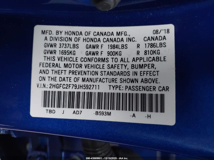 2018 Honda Civic Ex VIN: 2HGFC2F79JH592711 Lot: 43869901