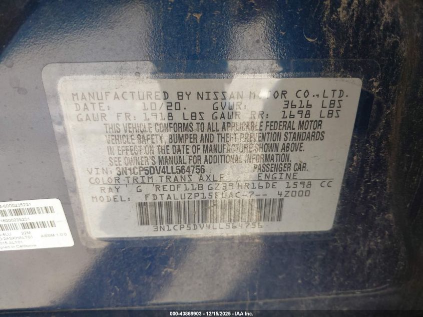 2020 Nissan Kicks Sr Xtronic Cvt VIN: 3N1CP5DV4LL564756 Lot: 43869903