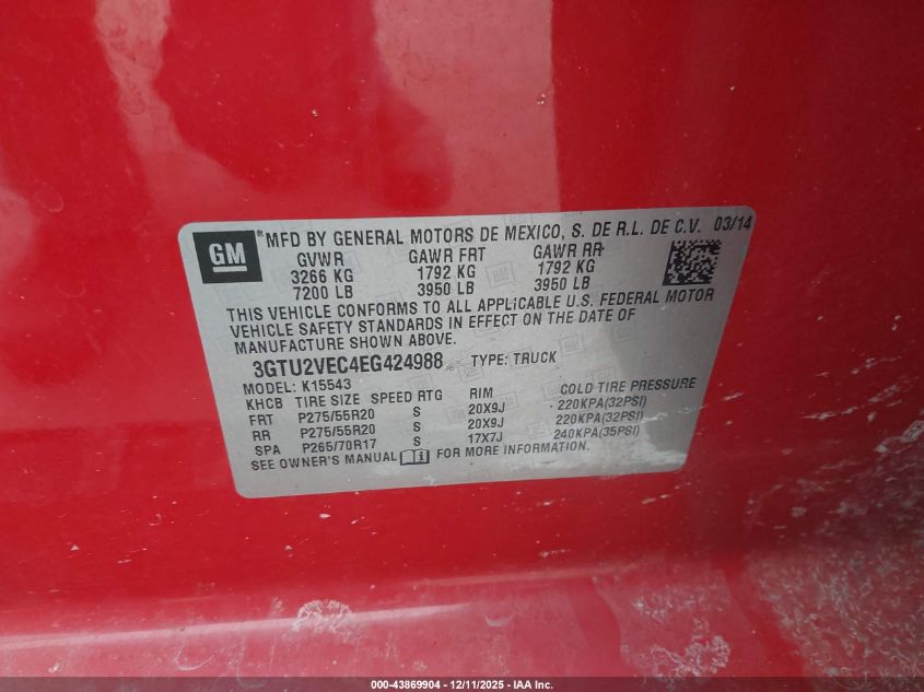 2014 GMC Sierra 1500 Slt VIN: 3GTU2VEC4EG424988 Lot: 43869904