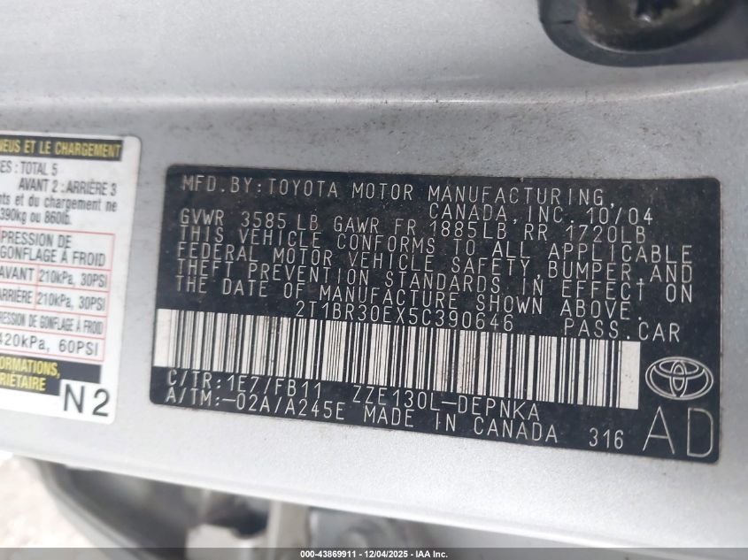 2005 Toyota Corolla Le VIN: 2T1BR30EX5C390646 Lot: 43869911