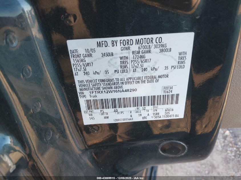 2006 Ford F-150 Stx/Xl/Xlt VIN: 1FTRX12W16NA48290 Lot: 43869915