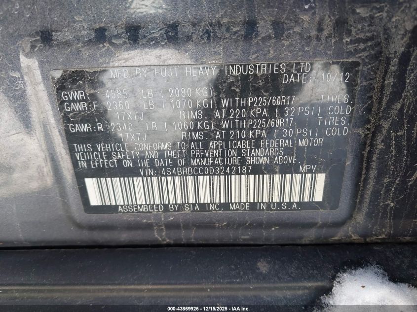 2013 Subaru Outback 2.5I Premium VIN: 4S4BRBCC0D3242187 Lot: 43869926