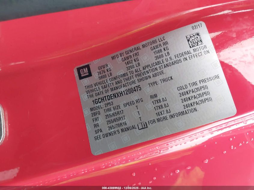 2017 Chevrolet Colorado Z71 VIN: 1GCHTDENXH1200475 Lot: 43869933