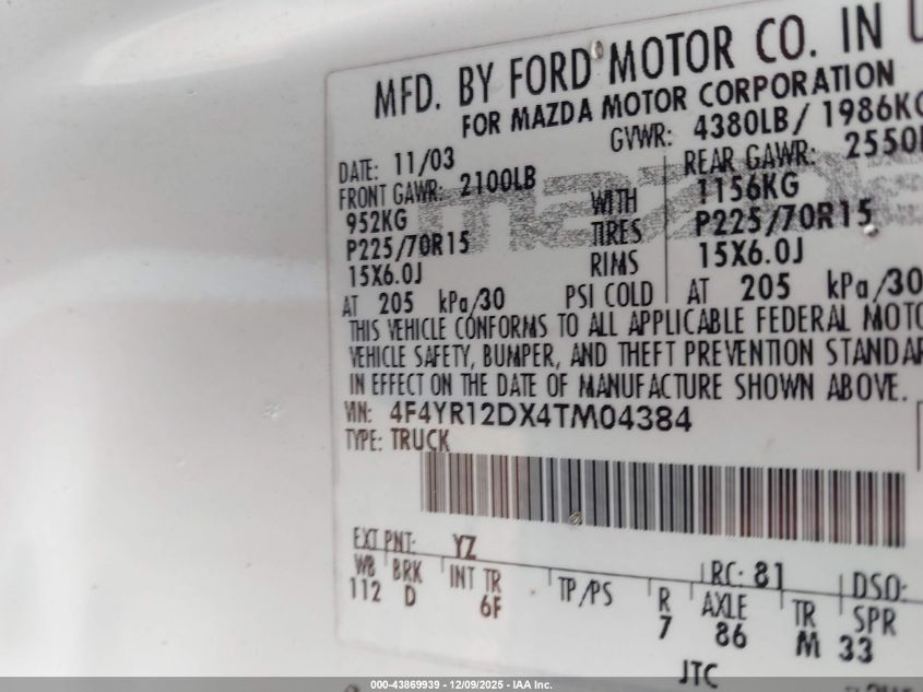 2004 Mazda B2300 VIN: 4F4YR12DX4TM04384 Lot: 43869939