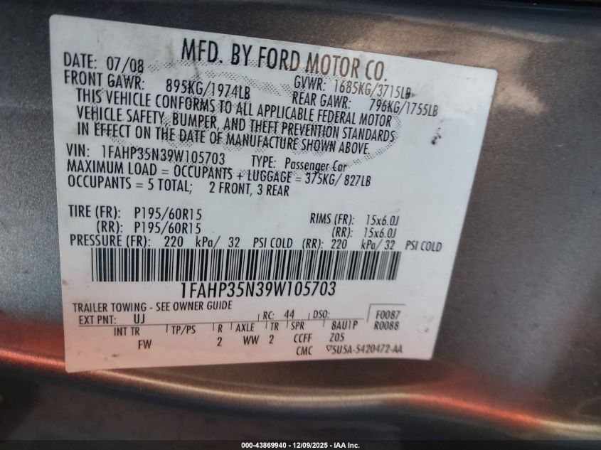 2009 Ford Focus Se VIN: 1FAHP35N39W105703 Lot: 43869940