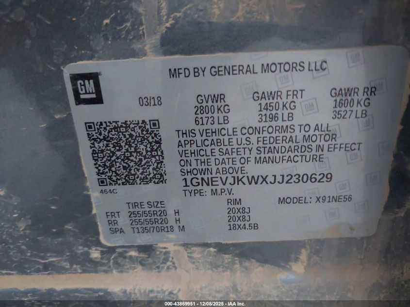 2018 Chevrolet Traverse Premier VIN: 1GNEVJKWXJJ230629 Lot: 43869951