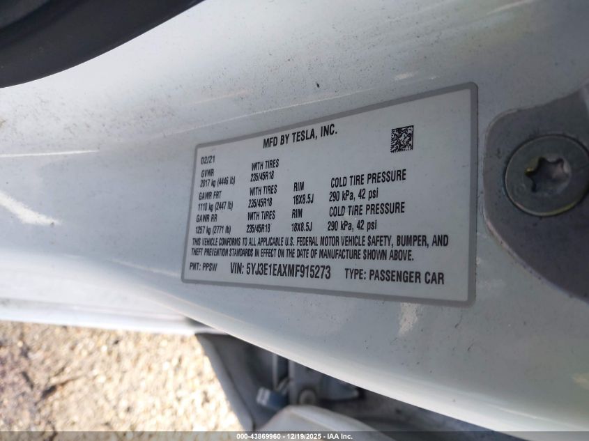 2021 Tesla Model 3 Standard Range Plus Rear-Wheel Drive VIN: 5YJ3E1EAXMF915273 Lot: 43869960