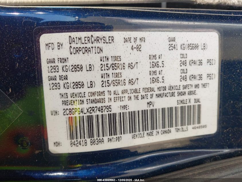 2002 Chrysler Town & Country Limited VIN: 2C8GP64LX2R748795 Lot: 43869963