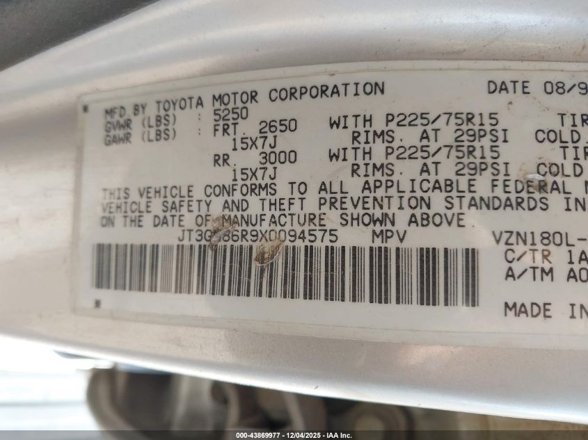 1999 Toyota 4Runner Sr5 V6 VIN: JT3GN86R9X0094575 Lot: 43869977