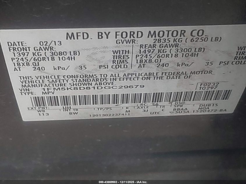 2013 Ford Explorer Xlt VIN: 1FM5K8D81DGC29679 Lot: 43869983