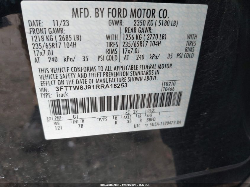 2024 Ford Maverick Xlt VIN: 3FTTW8J91RRA18253 Lot: 43869988