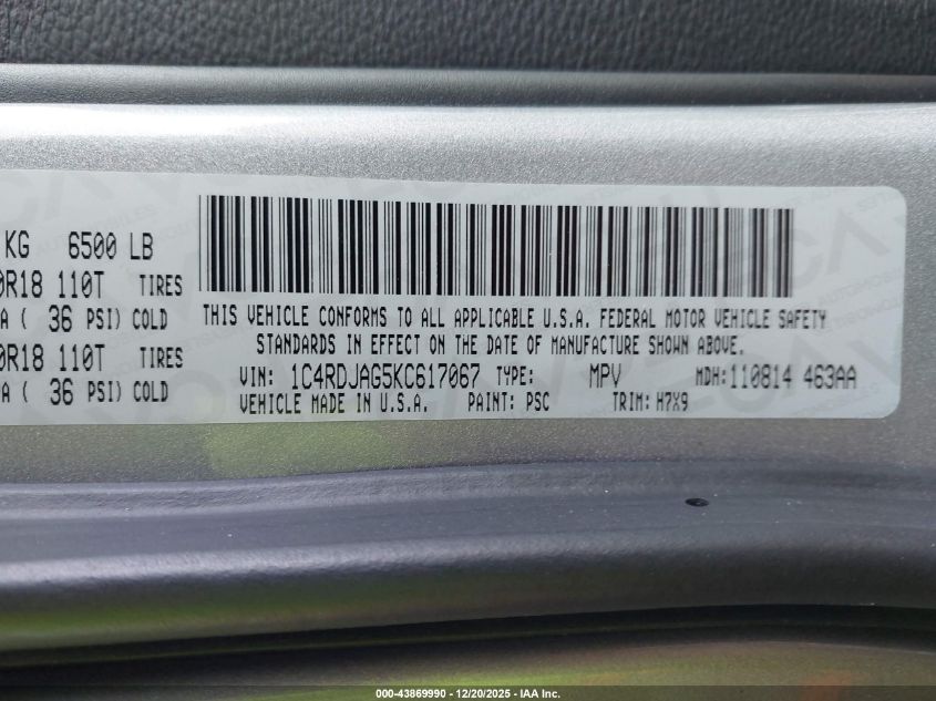 2019 Dodge Durango Sxt Awd VIN: 1C4RDJAG5KC617067 Lot: 43869990