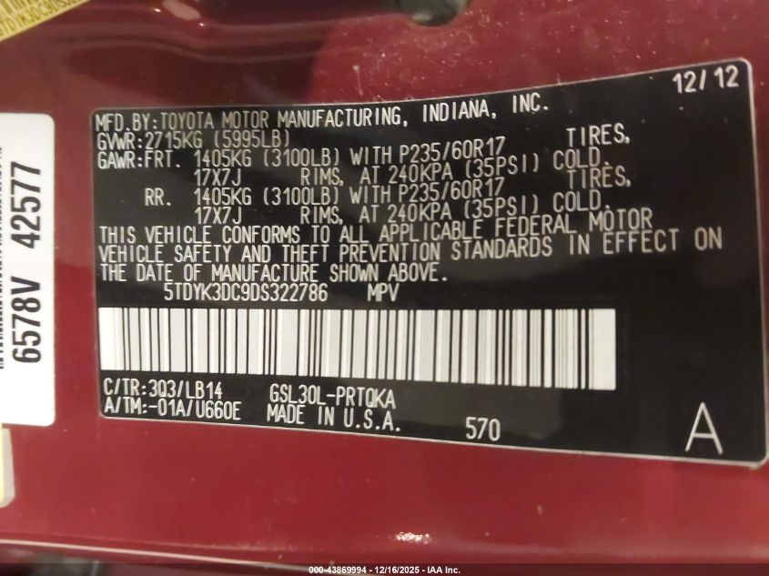 2013 Toyota Sienna Xle V6 8 Passenger VIN: 5TDYK3DC9DS322786 Lot: 43869994