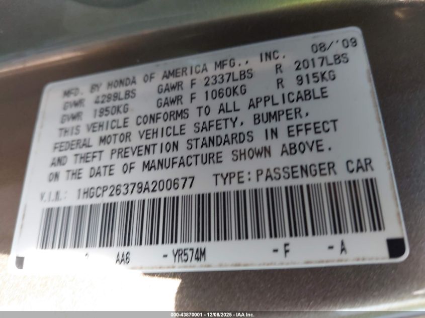 2009 Honda Accord 2.4 Lx VIN: 1HGCP26379A200677 Lot: 43870001