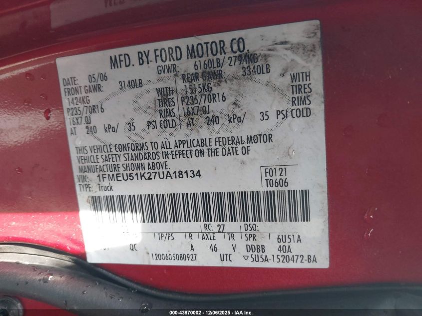 2007 Ford Explorer Sport Trac Xlt VIN: 1FMEU51K27UA18134 Lot: 43870002