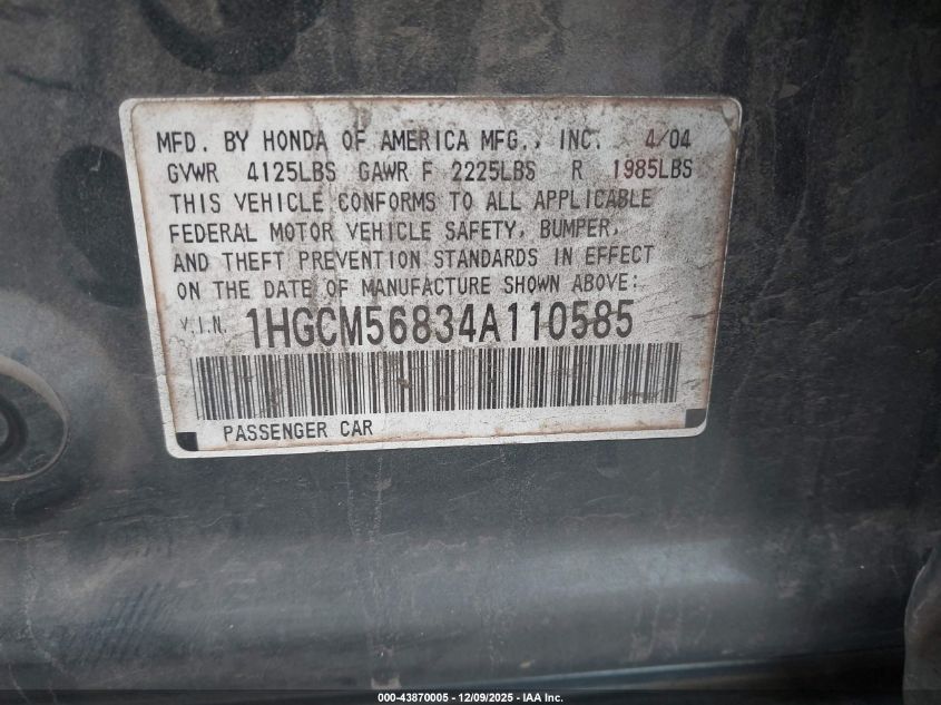 2004 Honda Accord 2.4 Ex VIN: 1HGCM56834A110585 Lot: 43870005