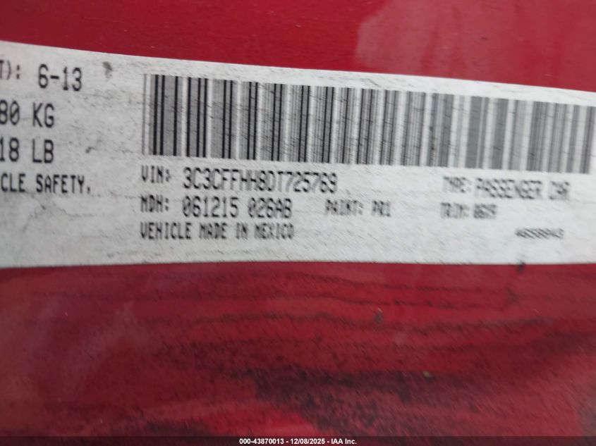 2013 Fiat 500 Turbo VIN: 3C3CFFHH8DT725769 Lot: 43870013