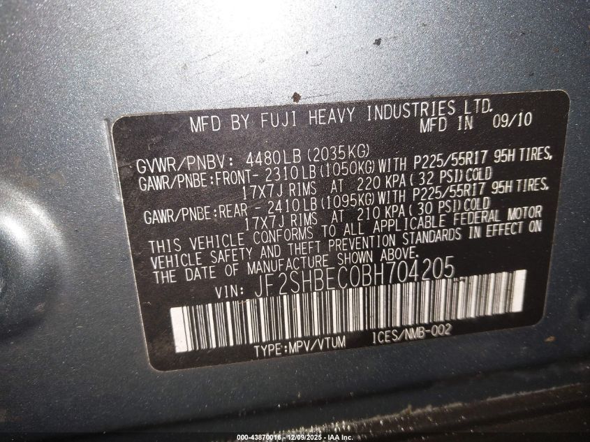 2011 Subaru Forester 2.5X Limited VIN: JF2SHBEC0BH704205 Lot: 43870016