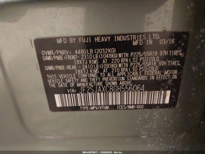2016 Subaru Forester 2.5I Touring VIN: JF2SJAXC8GH556064 Lot: 43870017
