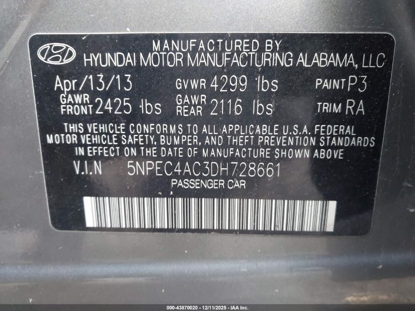 2013 Hyundai Sonata Se VIN: 5NPEC4AC3DH728661 Lot: 43870020