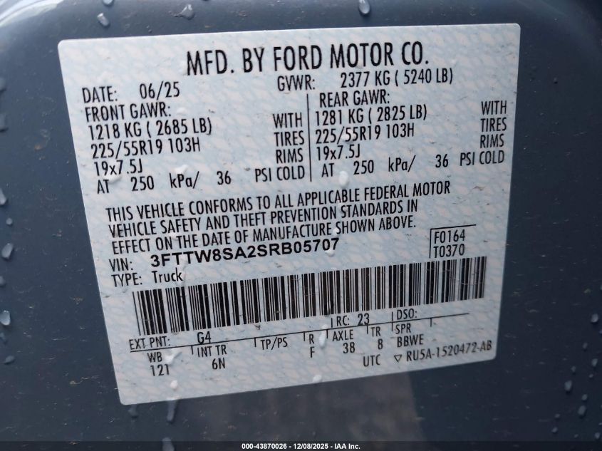 2025 Ford Maverick Lariat VIN: 3FTTW8SA2SRB05707 Lot: 43870026