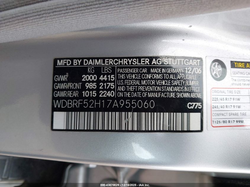 2007 Mercedes-Benz C 230 Sport VIN: WDBRF52H17A955060 Lot: 43870029