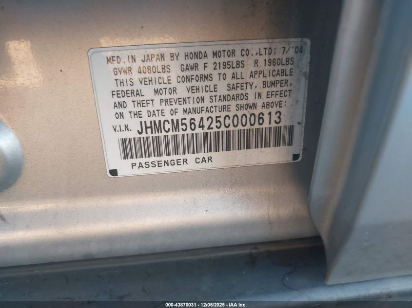 2005 Honda Accord 2.4 Lx VIN: JHMCM56425T000613 Lot: 43870031