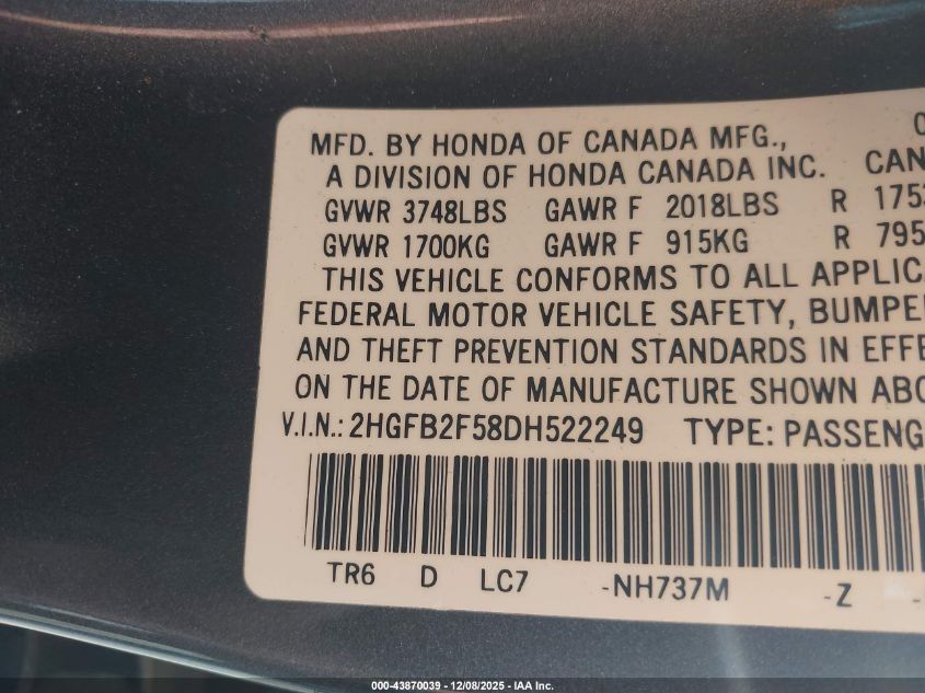 2013 Honda Civic Lx VIN: 2HGFB2F58DH522249 Lot: 43870039