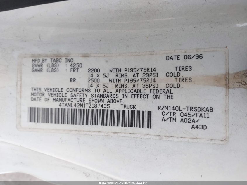 1996 Toyota Tacoma VIN: 4TANL42N1TZ187435 Lot: 43870051