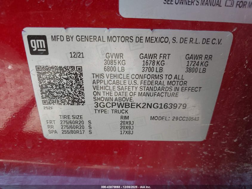 2022 Chevrolet Silverado 1500 Ltd 2Wd Short Bed Custom VIN: 3GCPWBEK2NG163979 Lot: 43870068