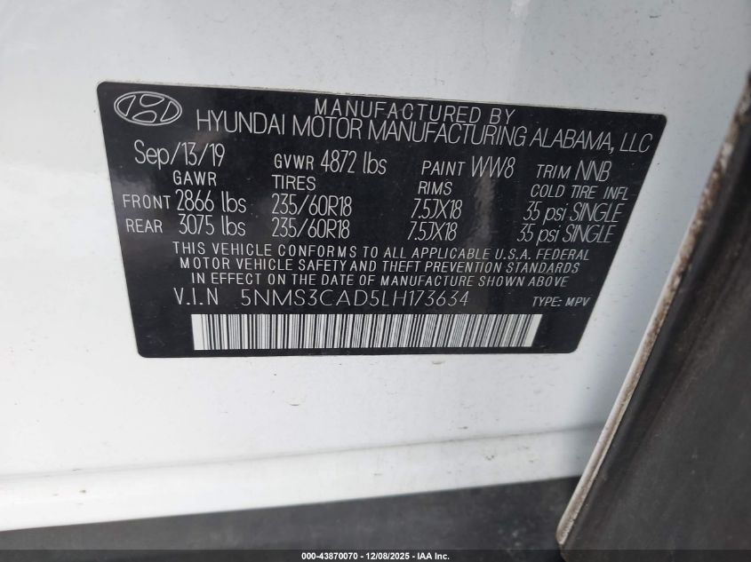 2020 Hyundai Santa Fe Sel VIN: 5NMS3CAD5LH173634 Lot: 43870070