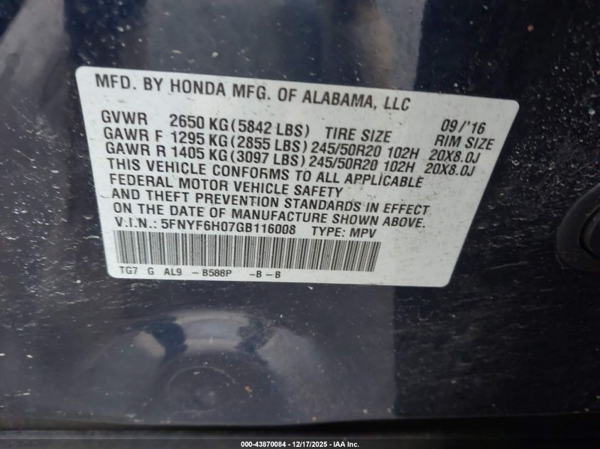 2016 Honda Pilot Elite VIN: 5FNYF6H07GB116008 Lot: 43870084